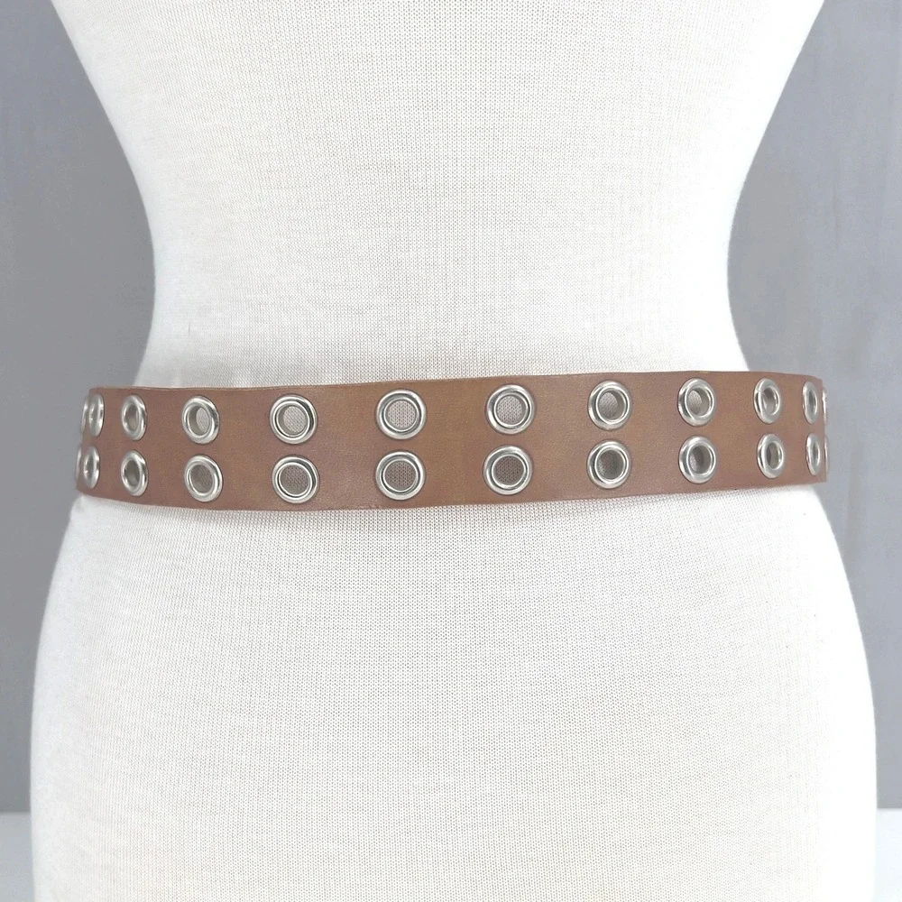 Womens Wide Double‎ Row Grommet Belt Brown Bonded Leather Silver Buckle L